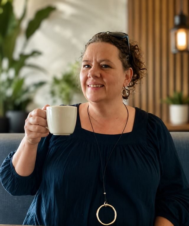 women sitting with a coffee in her hand